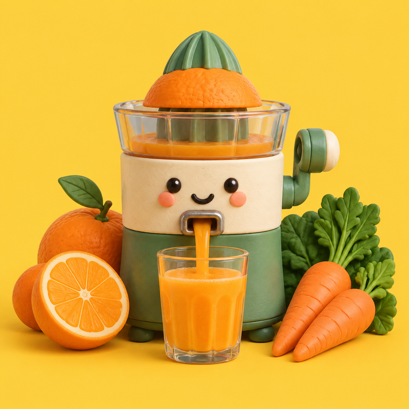Clay render of a juicer with oranges and carrots