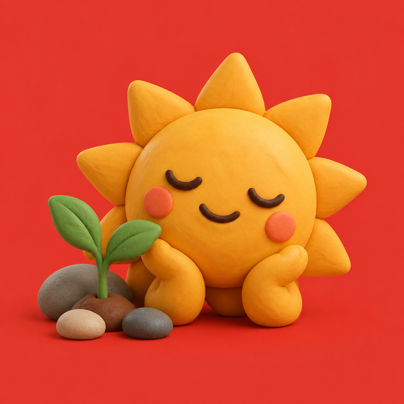 Clay render of a smiling sun character with a sprouting plant