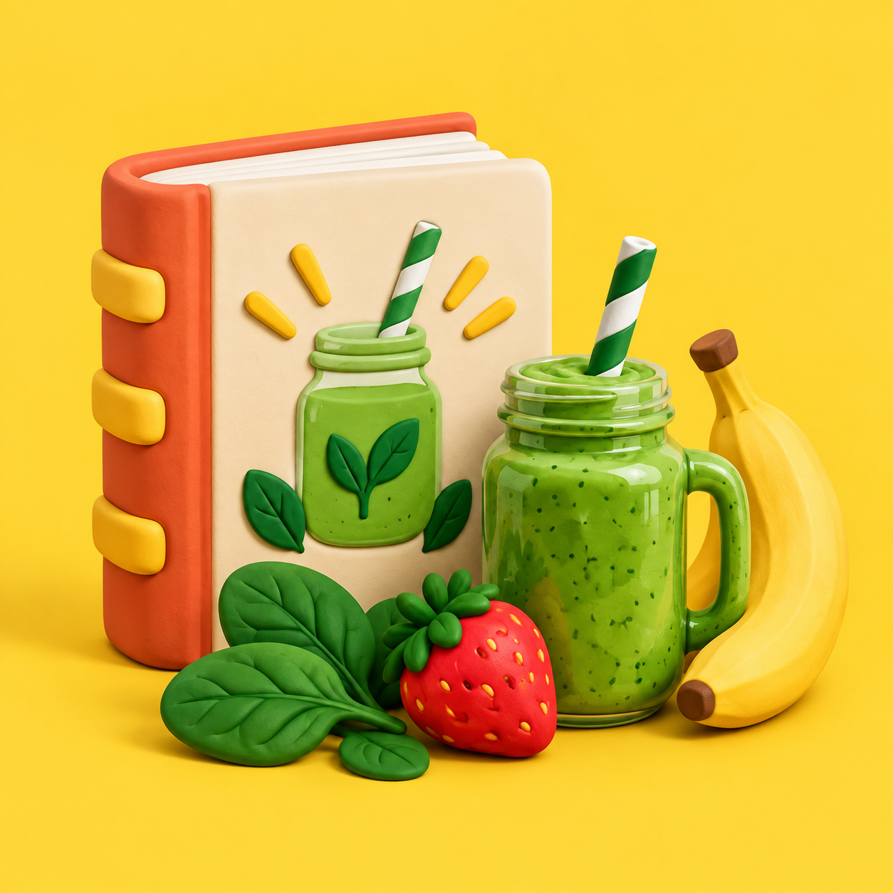 Clay render of a smoothie recipe book with a green smoothie