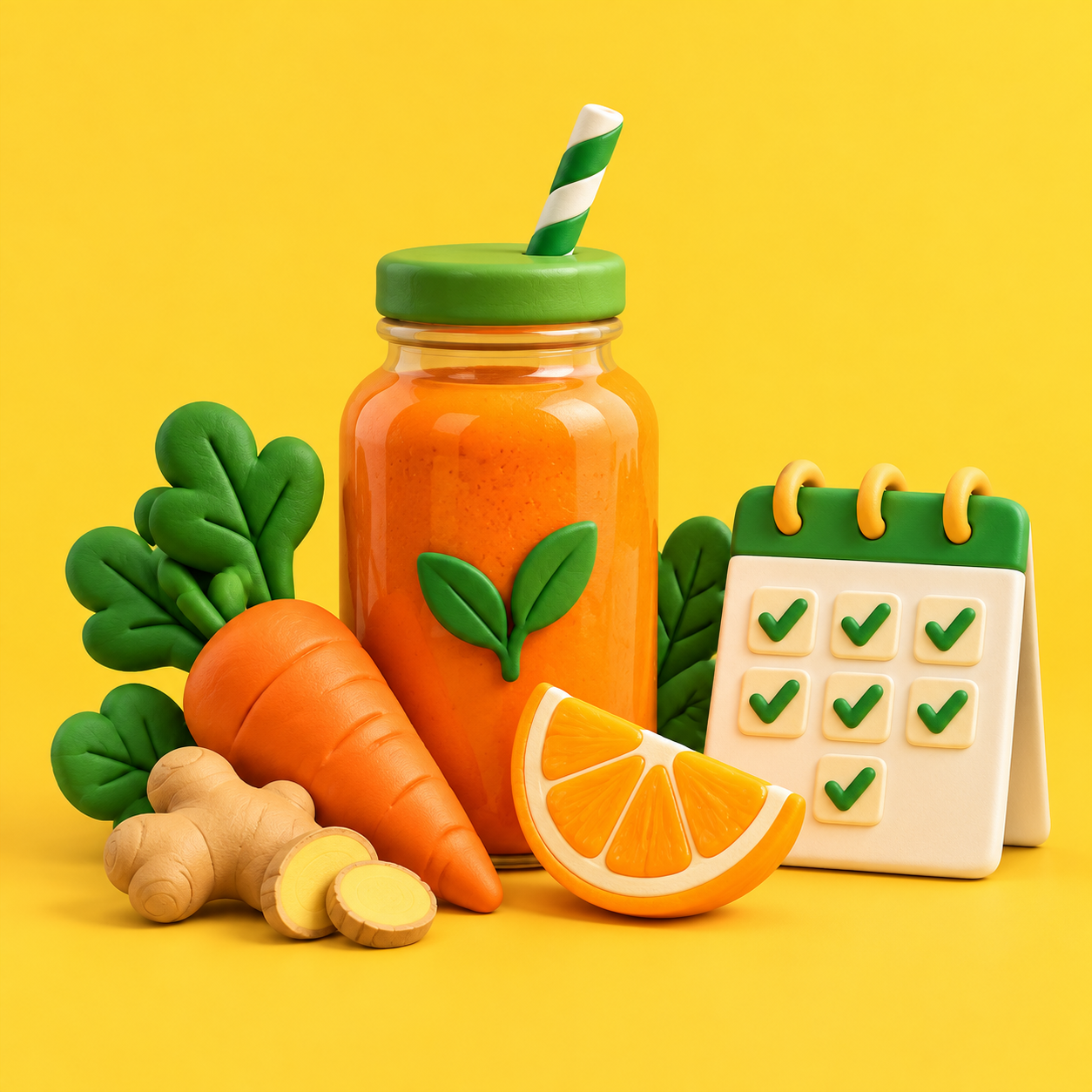 Clay render of a juice plan with a bottle of juice