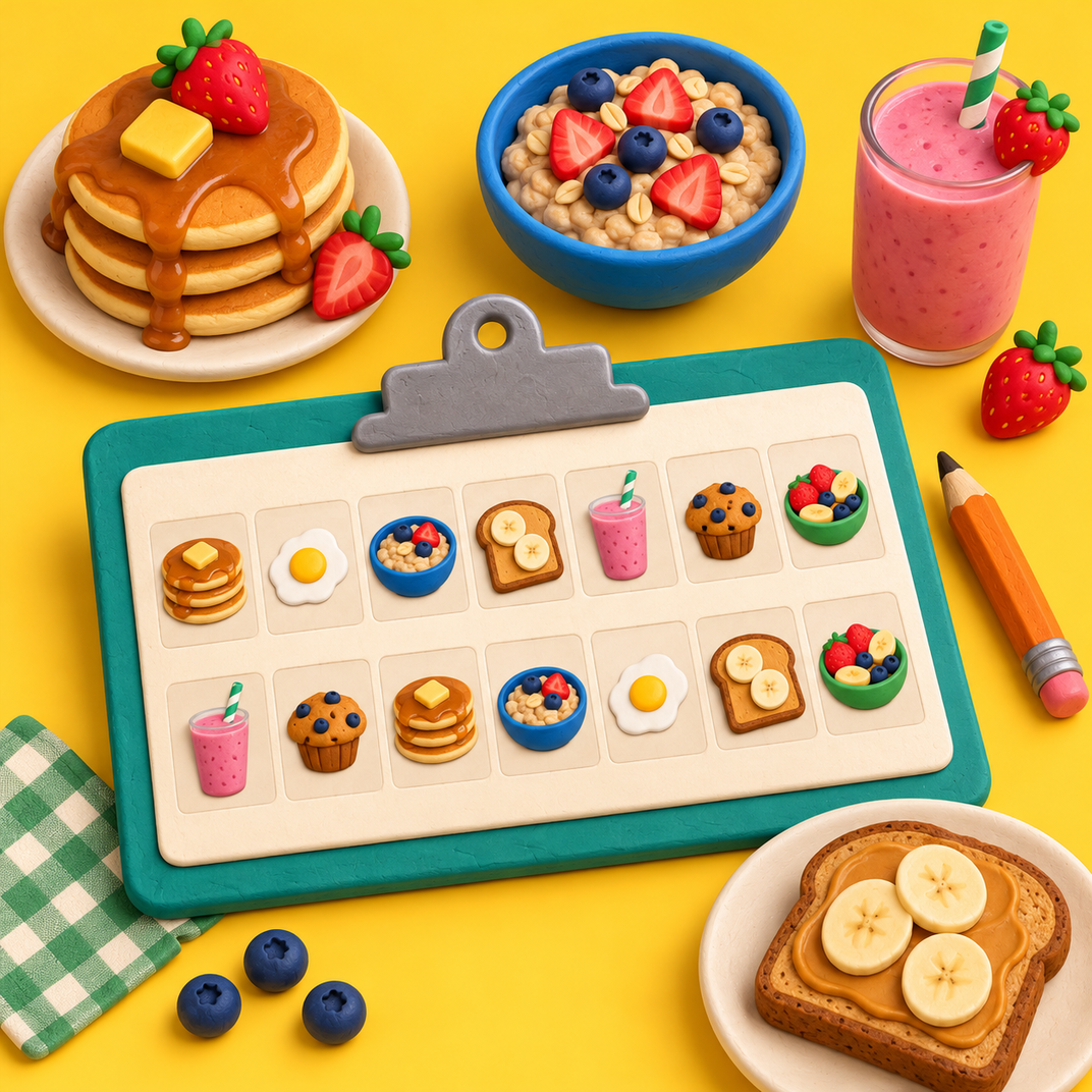 Clay-style breakfast planner with food icons, pancakes, oatmeal, toast and a smoothie on a yellow background.