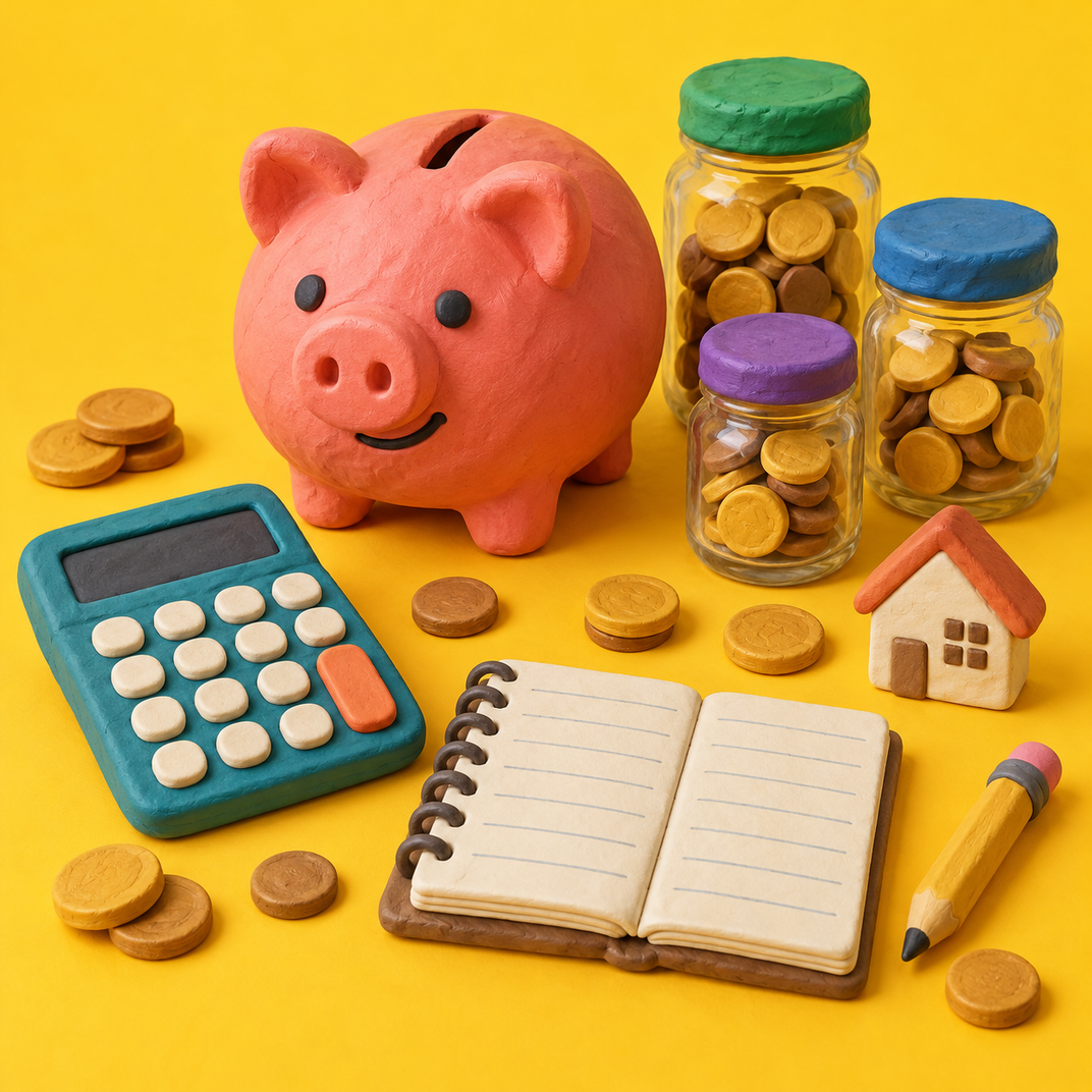 Clay-style illustration of a smiling piggy bank, jars of coins, a calculator, an open notebook and a tiny house on a bright yellow background.