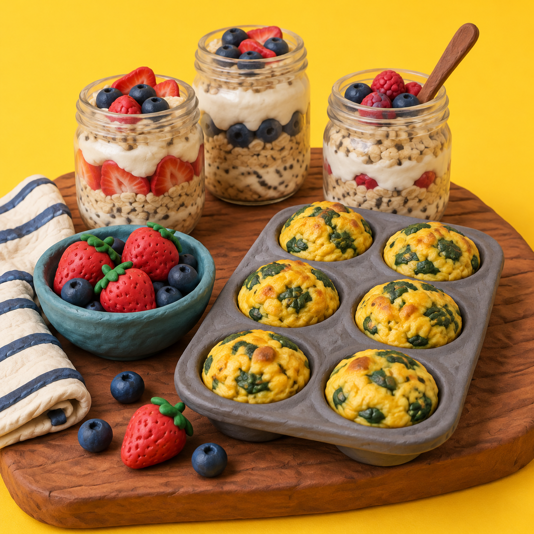 Clay-style illustration of three overnight oats jars with berries, a muffin tin of baked egg muffins, and a bowl of strawberries and blueberries on a wooden board against a bright yellow background.
