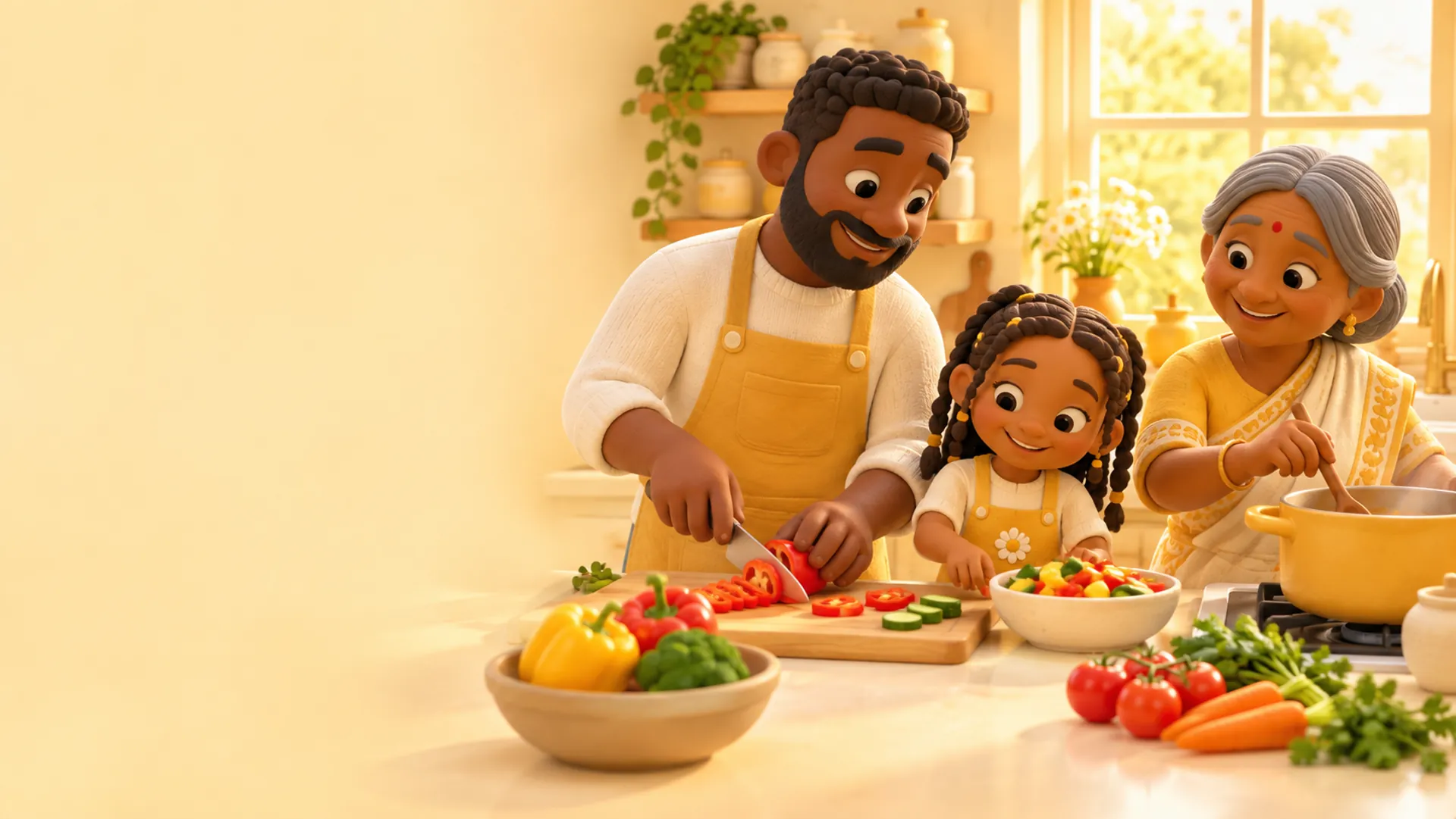 Clay render of a dad, a daughter and a grandmother cooking dinner together