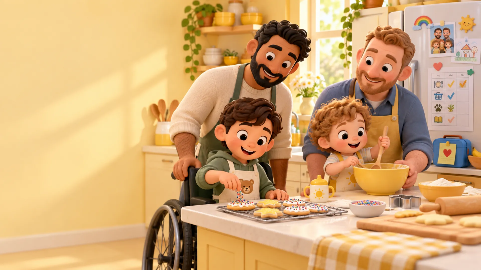 Clay render of two dads and two kids decorating cookies in a sunny kitchen