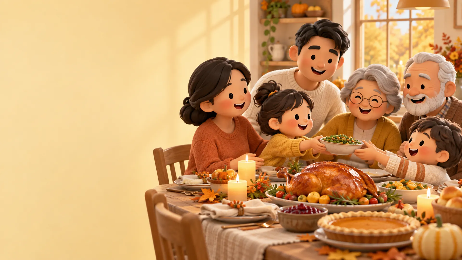 Clay render of three generations laughing around an autumn holiday dinner table